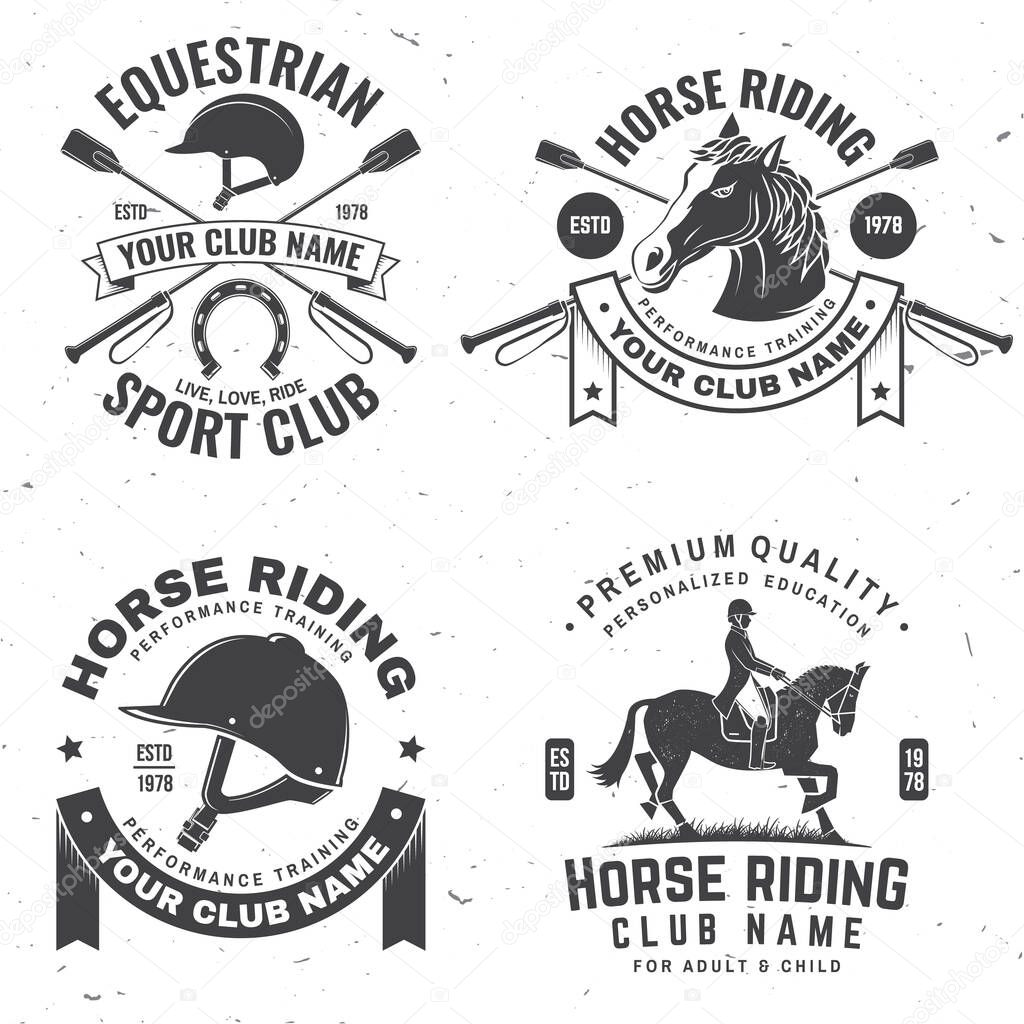 Set of Horse riding sport club badges, patches, emblem, logo. Vector illustration. Vintage monochrome equestrian label with rider and horse silhouettes. Horseback riding sport. Concept for shirt or
