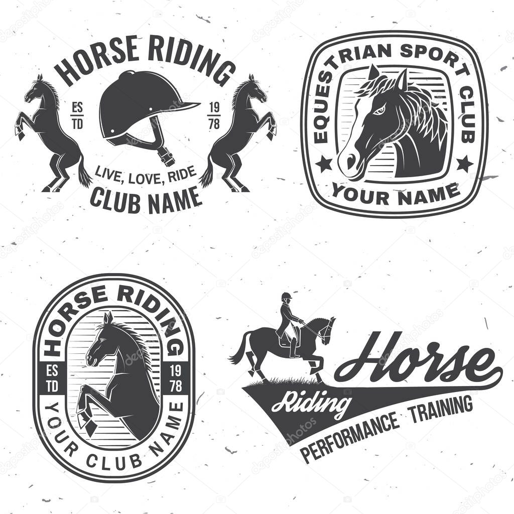 Set of Horse riding sport club badges, patches, emblem, logo. Vector illustration. Vintage monochrome equestrian label with rider and horse silhouettes. Horseback riding sport. Concept for shirt or