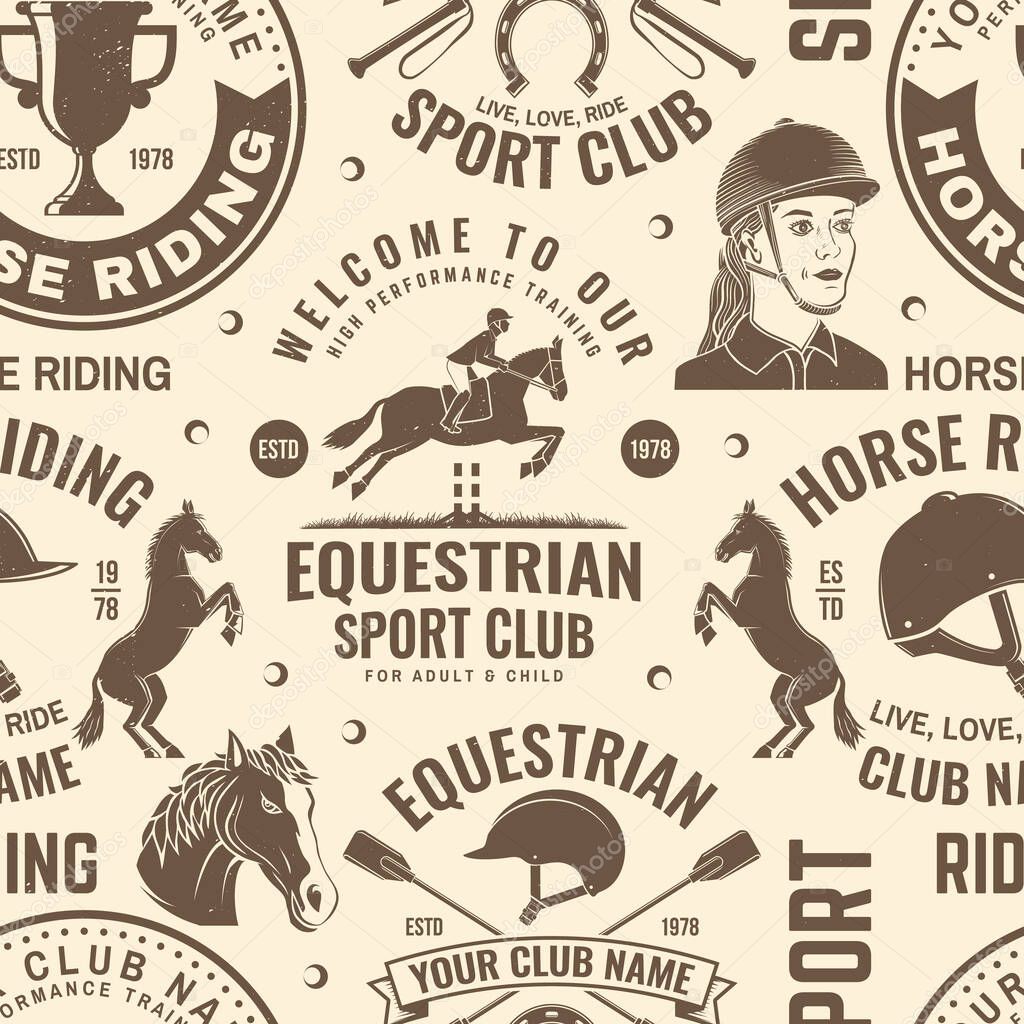 Set of Horse riding sport club seamless pattern. Vector illustration. Vintage monochrome equestrian background with rider and horse silhouettes. Horseback riding sport. Concept for pattern background