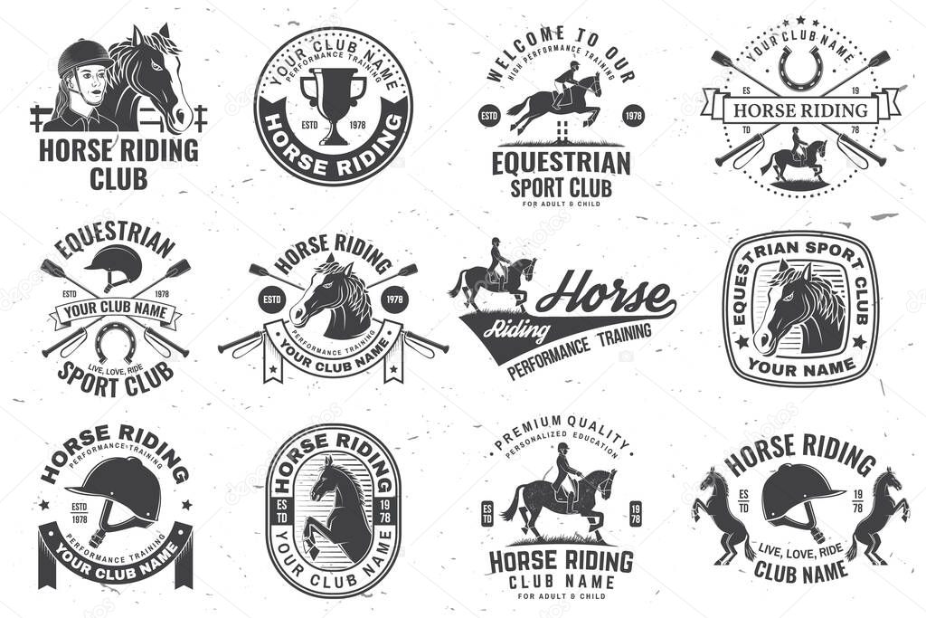 Set of Horse riding sport club badges, patches, emblem, logo. Vector illustration. Vintage monochrome equestrian label with rider, helmet and horse silhouettes. Horseback riding sport. Concept for