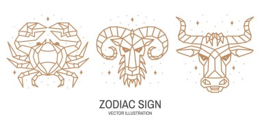 Burç burçları, burçlar, boğa burçları, kanser doğrusal tasarımı. Vektör çizimi. Zarif çizgi sanat sembolü veya amblem ikonu, boğa, kanser esrarengiz burç deseni logo için burç şablonu