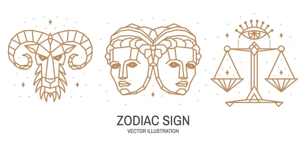 Набор зодиакальных астрологических гороскопов знака Весы, Близнецы, ари линейного дизайна. Векторная иллюстрация. Элегантный символ линии или икона весы, Близнецы, эзотерические шаблоны зодиакальных гороскопов для логотипа — стоковый вектор