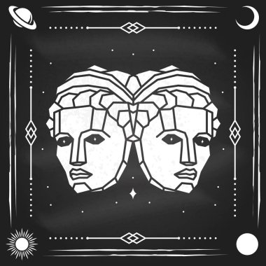 Zodiac astroloji burç burcu Gemini tasarımı. Vektör çizimi. Zarif modern sanat sembolü ya da Gemini esrarengiz burç şablonu kara tahtadaki poster ya da logo için..