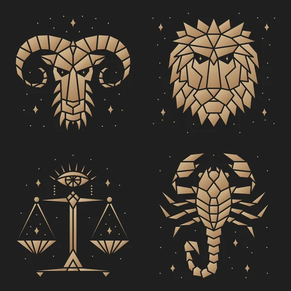 stock vector Set of zodiac astrology horoscope sign libra, aries, lion, scorpio design. Vector illustration. Elegant symbol or icon of libra, aries, lion, scorpio esoteric zodiacal horoscope templates for logo or