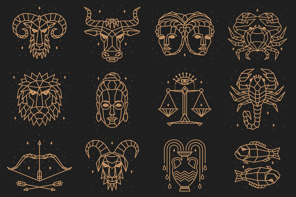 Тонкая линия векторных зодиакальных символов. Астрология, знак гороскопа, элементы графического дизайна, шаблон печати. Винтажный стиль контуров. Изолированные на белом
.