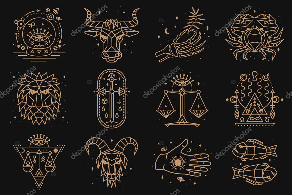 Esoteric and zodiacal symbols. Vector illustration. Outline icon for alchemy, sacred geometry. Mystic or magic design with zodiac sign