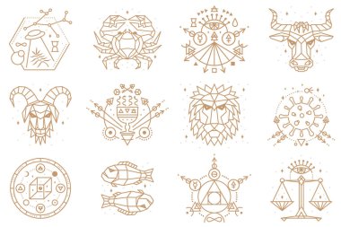 Esrarengiz ve zodyakal semboller. Vektör çizimi. Simya için taslak simge, kutsal geometri. Zodyak işaretli mistik ya da sihirli tasarım.