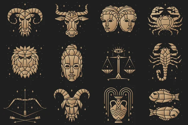 Símbolos zodiacales. Ilustración vectorial. Astrología, signo de horóscopo, elementos de diseño gráfico, plantilla de impresión. Plantillas de horóscopo zodiacal esotérico Aislado en negro. — Archivo Imágenes Vectoriales