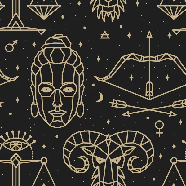 Seamless pattern - signs of the zodiac. Gold illustration of astrological signs on a dark background. Magical illustrations of women and animals in the starry sky. —  Vetores de Stock