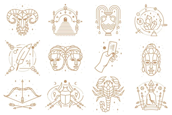 Símbolos esotéricos y zodiacales. Ilustración vectorial. Icono del contorno para la alquimia, geometría sagrada. Diseño místico o mágico con signo del zodíaco. — Archivo Imágenes Vectoriales