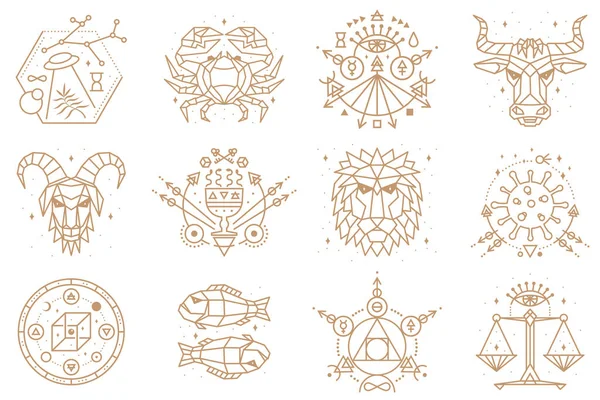 Esoteric and zodiacal symbols. Vector illustration. Outline icon for alchemy, sacred geometry. Mystic or magic design with zodiac sign. —  Vetores de Stock