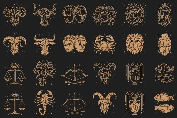 Zodiacal symbols. Vector illustration. Astrology, horoscope sign, graphic design elements, printing template. Esoteric zodiacal horoscope templates Isolated on black silhouette and thin line art. — Stock Vector