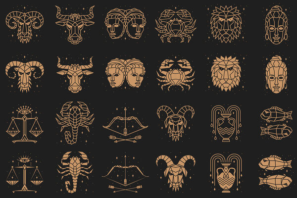Зодиакальные символы. Векторная иллюстрация. Астрология, знак гороскопа, элементы графического дизайна, шаблон печати. Эзотерические шаблоны зодиакальных гороскопов Изолированные на черном силуэте и тонкой линии искусства.