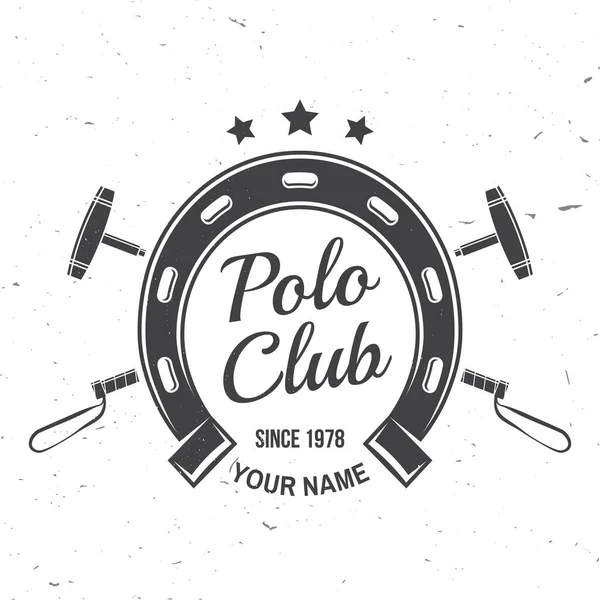 Polo klub olahraga lencana, patch, lambang, logo. Vektor ilustrasi. Vintage monochrome equestrian label dengan tapal kuda dan polo mallet siluet. Olahraga berkuda klub polo. Konsep untuk kemeja - Stok Vektor