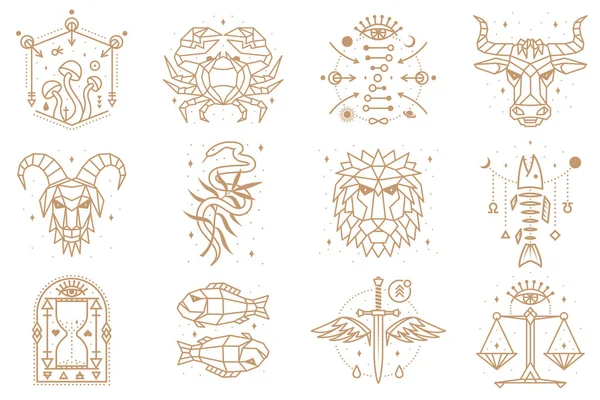 Simboli esoterici e zodiacali. Illustrazione vettoriale. Icona di contorno per alchimia, geometria sacra. Design mistico o magico con segno zodiacale. — Vettoriale Stock