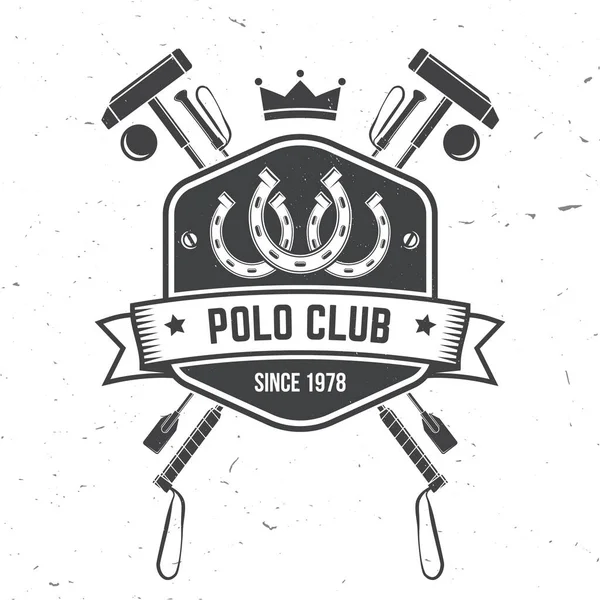 Polo club badge sportif, patch, emblème, logo. Illustration vectorielle. Étiquette équestre monochrome vintage avec silhouettes en fer à cheval et maillet polo. Polo club compétition équitation sport. Concept pour chemise — Image vectorielle