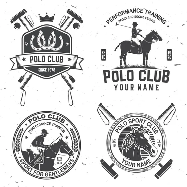 Set of Polo club sport badges, patches, emblems, logos. Vector illustration. Vintage monochrome equestrian label with rider and horse silhouettes. Polo club competition riding sport. — Stock Vector