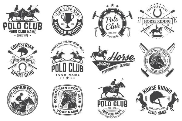 Set of polo club and horse riding club patch, emblem, logo. Vector illustration. Templates for polo club and horse riding sports club. Vintage monochrome label with equestrian, rider, helmet and horse — 스톡 벡터