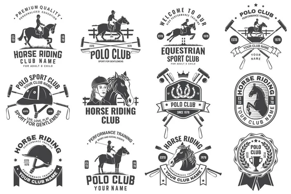 ポロクラブと乗馬クラブパッチ、エンブレム、ロゴのセット。ベクトルイラスト。ポロクラブと乗馬スポーツクラブのためのテンプレート。乗馬、ライダー、ヘルメットと馬とヴィンテージモノクロラベル — ストックベクタ