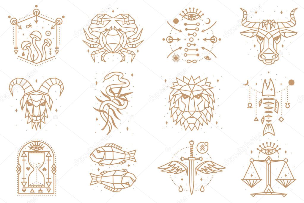 Esoteric and zodiacal symbols. Vector illustration. Outline icon for alchemy, sacred geometry. Mystic or magic design with zodiac sign