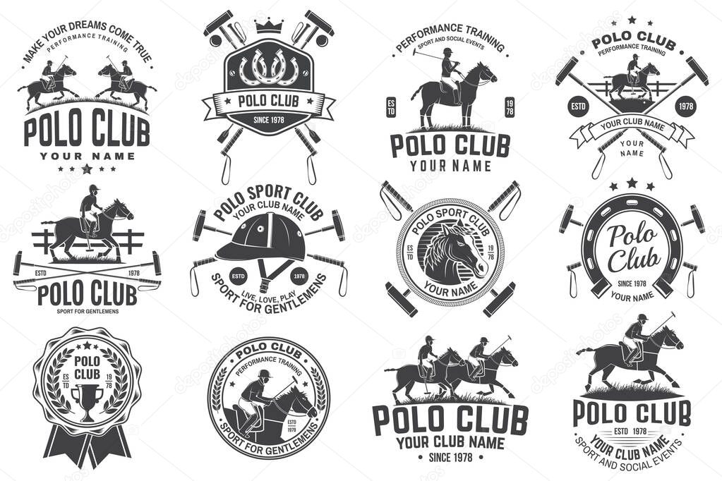 Set of polo club sport badges, patches, emblems, logos. Vector illustration. Vintage monochrome label with rider and horse silhouettes. Polo club competition riding sport