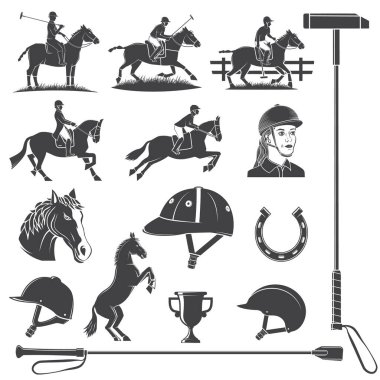 Set of Horse riding sport icon. Vector illustration. Vintage monochrome equestrian icon, sign with rider, horseshoe,helmet , horse head, riding crop and horse silhouettes clipart