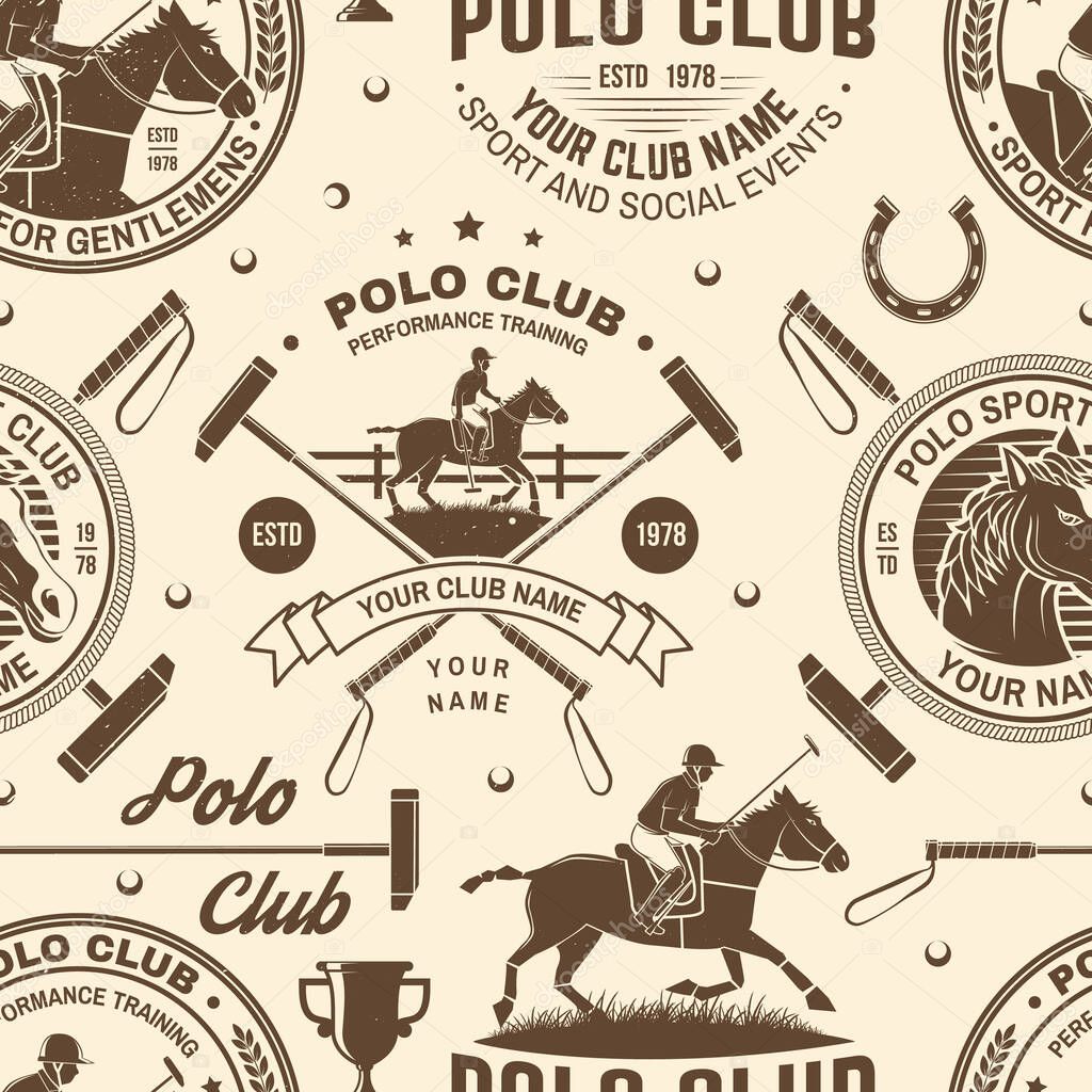 Polo sport club seamless pattern. Vector illustration. Vintage monochrome equestrian background with rider and horse silhouettes. Concept for polo sport pattern background or wallpaper