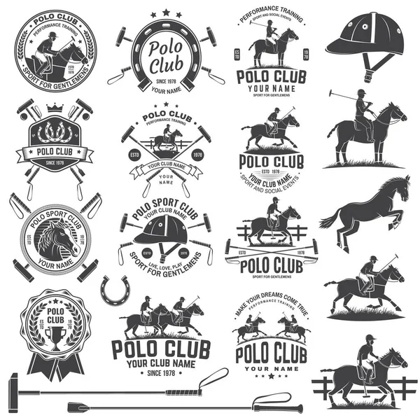 一套马球俱乐部运动徽章，补丁，徽章，标志。矢量图解。古色古香单色标签与骑手和马的轮廓。马球会马术比赛. — 图库矢量图片