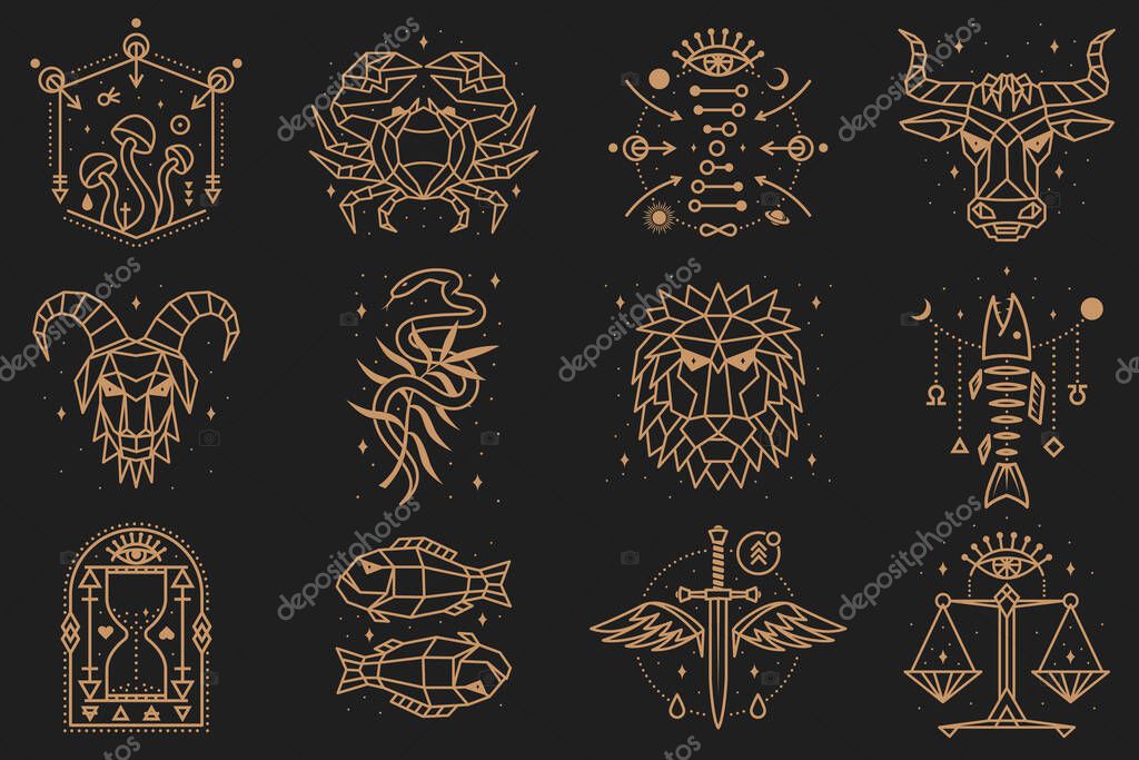 Esoteric and zodiacal symbols. Vector illustration. Outline icon for alchemy, sacred geometry. Mystic or magic design with zodiac sign