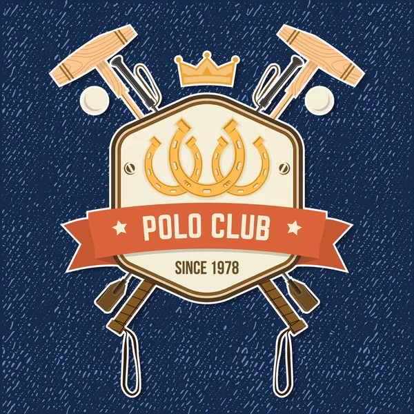 Polo club sport badge, patch, emblema, logo. Illustrazione vettoriale. Etichetta equestre a colori, adesivo con ferro di cavallo e silhouette da polo. Polo club competizione equitazione sport. — Vettoriale Stock