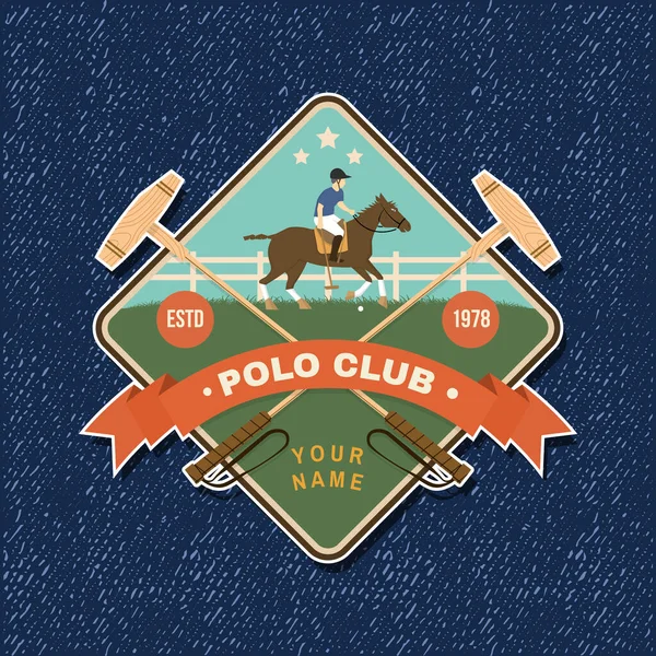 Polo club sport badge, patch, emblema, logo. Illustrazione vettoriale. Etichetta equestre a colori, adesivo con sagome di cavaliere e cavallo. Polo club competizione equitazione sport. — Vettoriale Stock