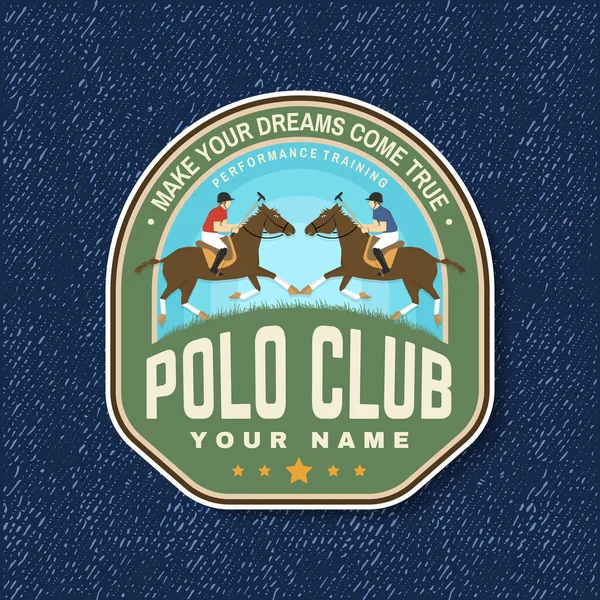 Polo club sport badge, patch, emblema, logo. Illustrazione vettoriale. Etichetta polo a colori, adesivo con sagome di cavaliere e cavallo. Polo club competizione equitazione sport. — Vettoriale Stock