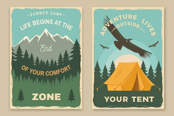 Set of camping retro posters. Vector illustration. Concept for shirt or logo, print, stamp or tee. Vintage typography design with camping tent, forest and mountain silhouette — Stock Vector