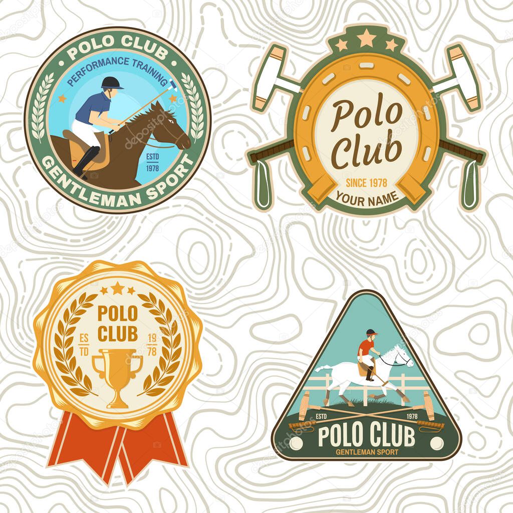 Polo sport club and horse riding patches, emblems, logos. Vector illustration. Color equestrian label, sticker with rider and horse silhouettes. Polo club competition riding sport
