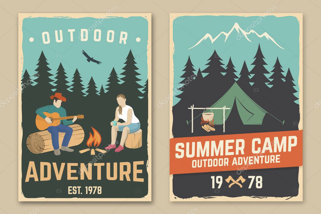 Set of camping retro posters. Vector. Concept for shirt or print, stamp, travel badge. Vintage typography design with camper tent, pot on the fire, axe, mountain, man with guitar silhouette