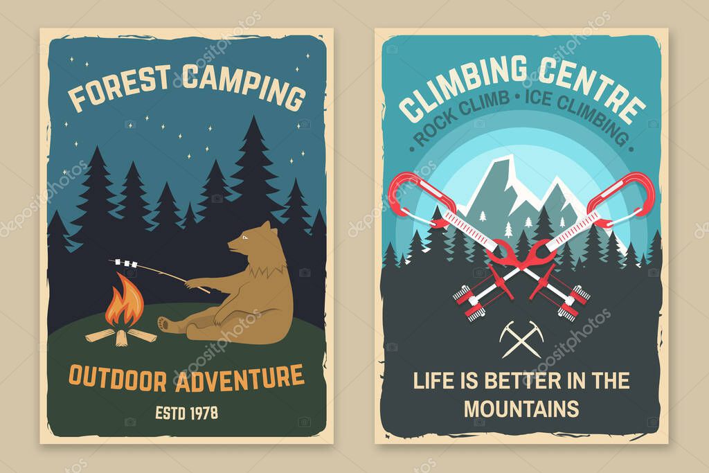 Set of camping retro posters. Vector illustration. Concept for shirt or logo, print, stamp or tee. Vintage typography design with bear and campfire, carabiners, climbing cams, hexes silhouette