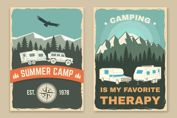 Set of camping retro posters. Vector illustration. Concept for shirt or logo, print, stamp or tee. Vintage typography design with motor home, forest and camper compass silhouette — Stock Vector
