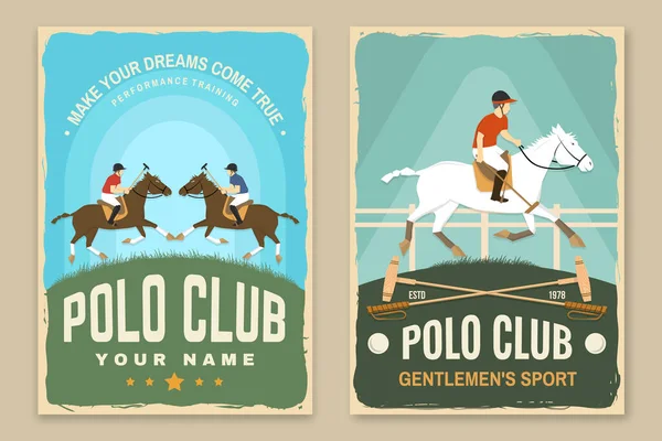 Набор ретро-плакатов спортивного клуба Поло. Векторная иллюстрация. Винтажная конная этикетка, наклейка с силуэтами всадника и лошади — стоковый вектор