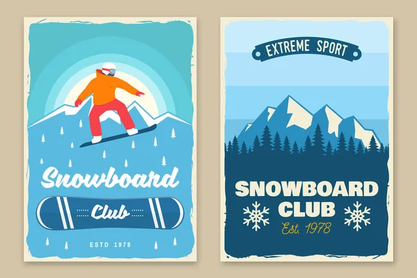 Σύνολο από σνόουμπορντ κλαμπ ρετρό αφίσες. Βέκτορ. Vintage σχεδιασμός τυπογραφίας με snowboarder και ορεινή σιλουέτα. Ακραίο χειμερινό άθλημα. Εξωτερικό φυλλάδιο περιπέτειας, banner. — Διανυσματικό Αρχείο