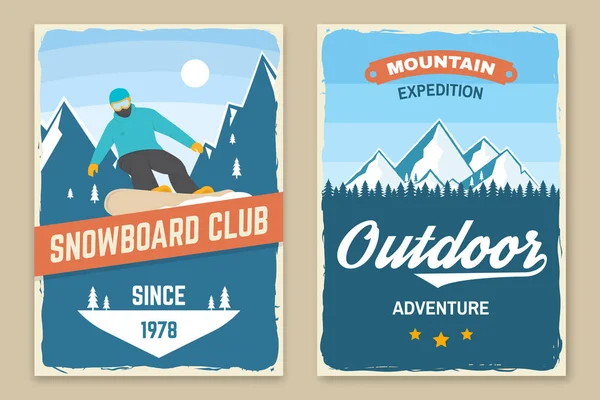Σύνολο από σνόουμπορντ κλαμπ ρετρό αφίσες. Βέκτορ. Vintage σχεδιασμός τυπογραφίας με snowboarder και ορεινή σιλουέτα. Ακραίο χειμερινό άθλημα. Εξωτερικό φυλλάδιο περιπέτειας, banner. — Διανυσματικό Αρχείο