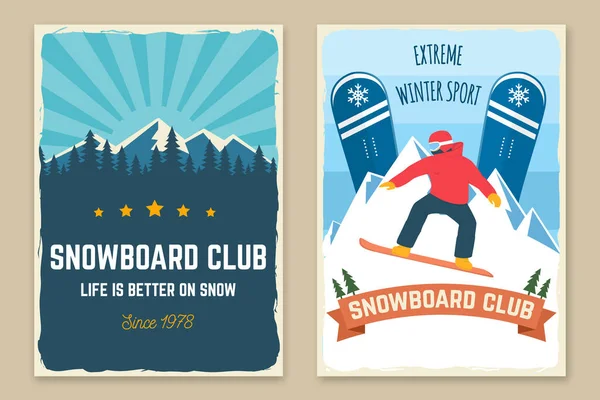Zestaw plakatów retro klubu snowboardowego. Wektor. Klasyczny design typograficzny z snowboardzistą i górską sylwetką. Sporty zimowe. Na zewnątrz ulotka przygodowa, sztandar. — Wektor stockowy