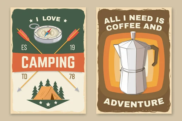 Set of camping retro posters. Vector illustration. Concept for badge, patch, shirt, logo, print, stamp or tee. Design with campfire, mountains, coffee and forest silhouette. — Stock Vector