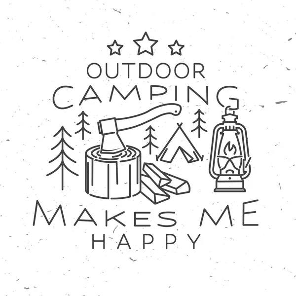 Outdoor camping make me happy. Vector. Concept for shirt or logo, print, stamp or tee. Vintage line art design with lantern and axe in stump. — Stock Vector