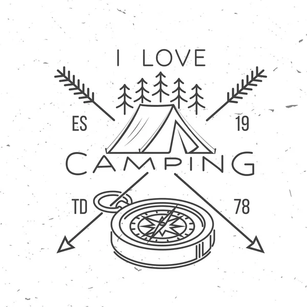 I love camping. Camping quote. Vector illustration Concept for shirt or logo, print, stamp or tee. Vintage line art design with compass, tent and forest. Summer camp. — Stock Vector