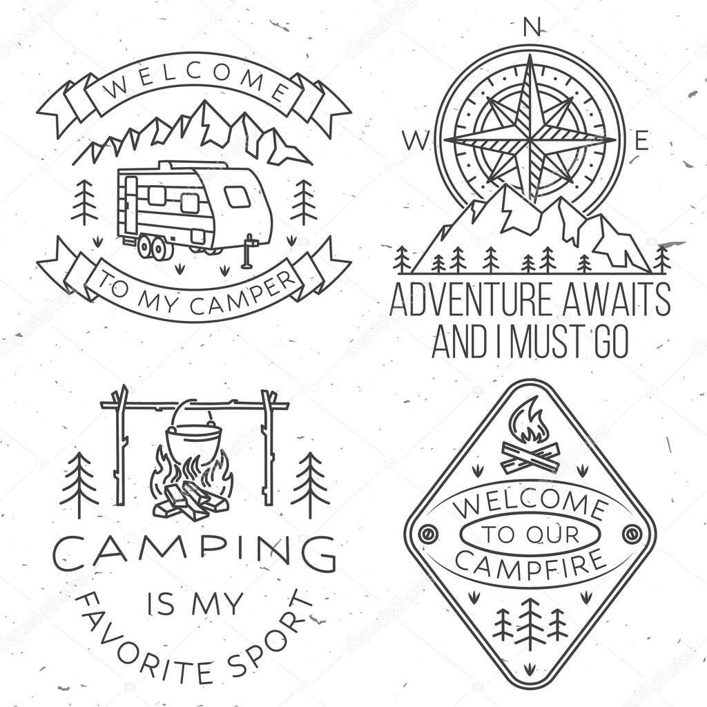 Set of camping badges, patches. Vector illustration. Concept for shirt or logo, print, stamp or tee. Vintage line art design with camping tent, forest and camper compass