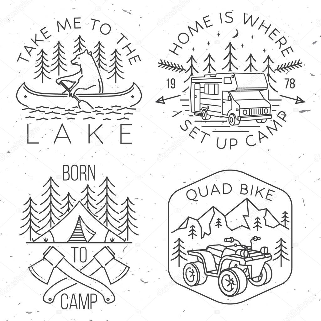 Set of camping badges, patches. Vector illustration. Concept for shirt or logo, print, stamp or tee. Vintage line art design with bear in canoe, lake and forest