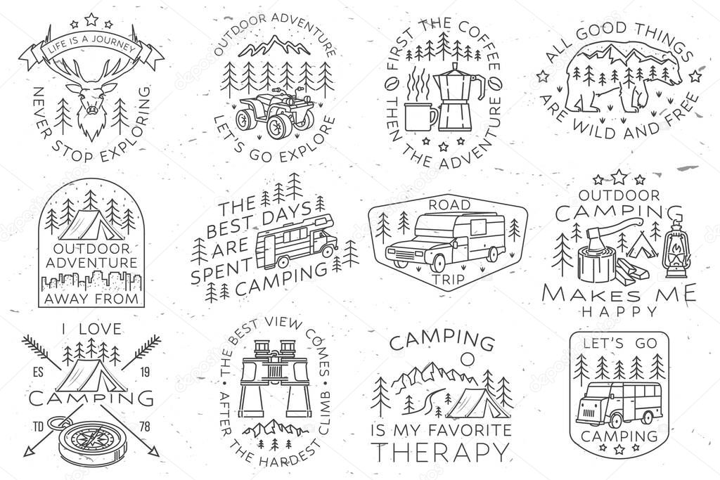Set of camping badges, patches. Vector illustration. Concept for shirt or logo, print, stamp or tee. Vintage line art design with RV Motorhome, binoculars and forest.