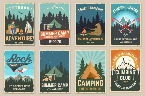 Set of camping retro posters. Vector illustration. Vintage typography design with climber, bear and campfire, carabiners, climbing cams, hexes, camper tent, axe, mountain, man with guitar.