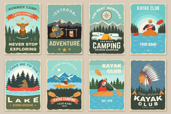 캠핑 리모 콘 포스터 세트. 벡터입니다. 셔츠나 인쇄, 우표, 여행 배지에 대한 개념. Kayaker, american indian, elk, forest, mountain, man with guitar, kayaker — 스톡 벡터