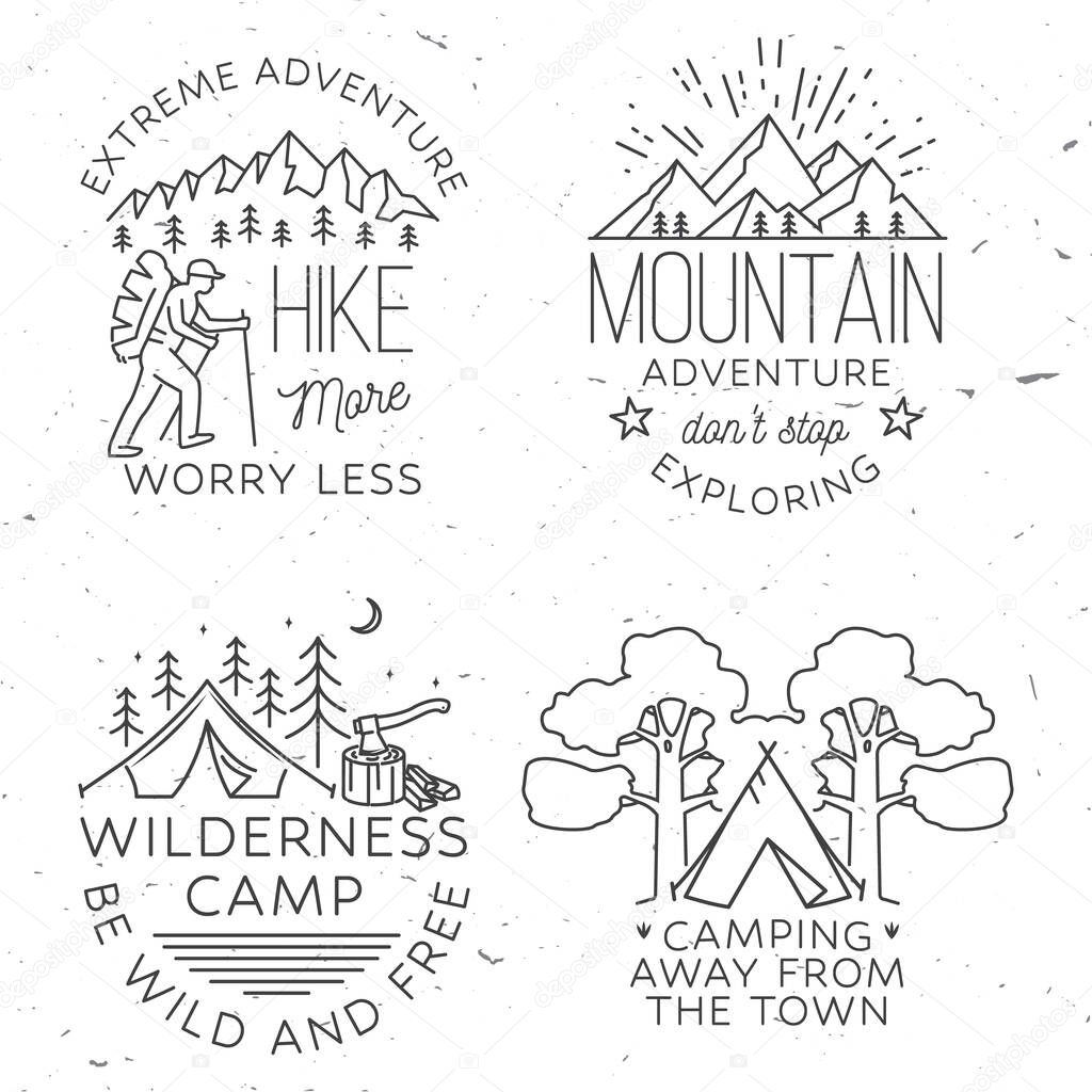 Set of camping badges, patches. Wilderness camp. Be wild and free. Vector illustration. Concept for badge, shirt or logo, print, stamp or tee. Vintage line art design with campin tent, axe and forest